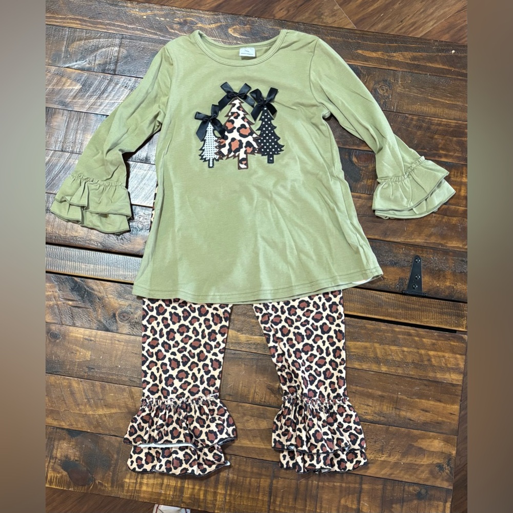 Girls' Olive Top and Leopard Print Pants Set